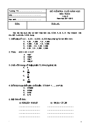 Đề kiêm tra cuối năm học môn Toan Lơp 5 - Năm hoc 2011-2012